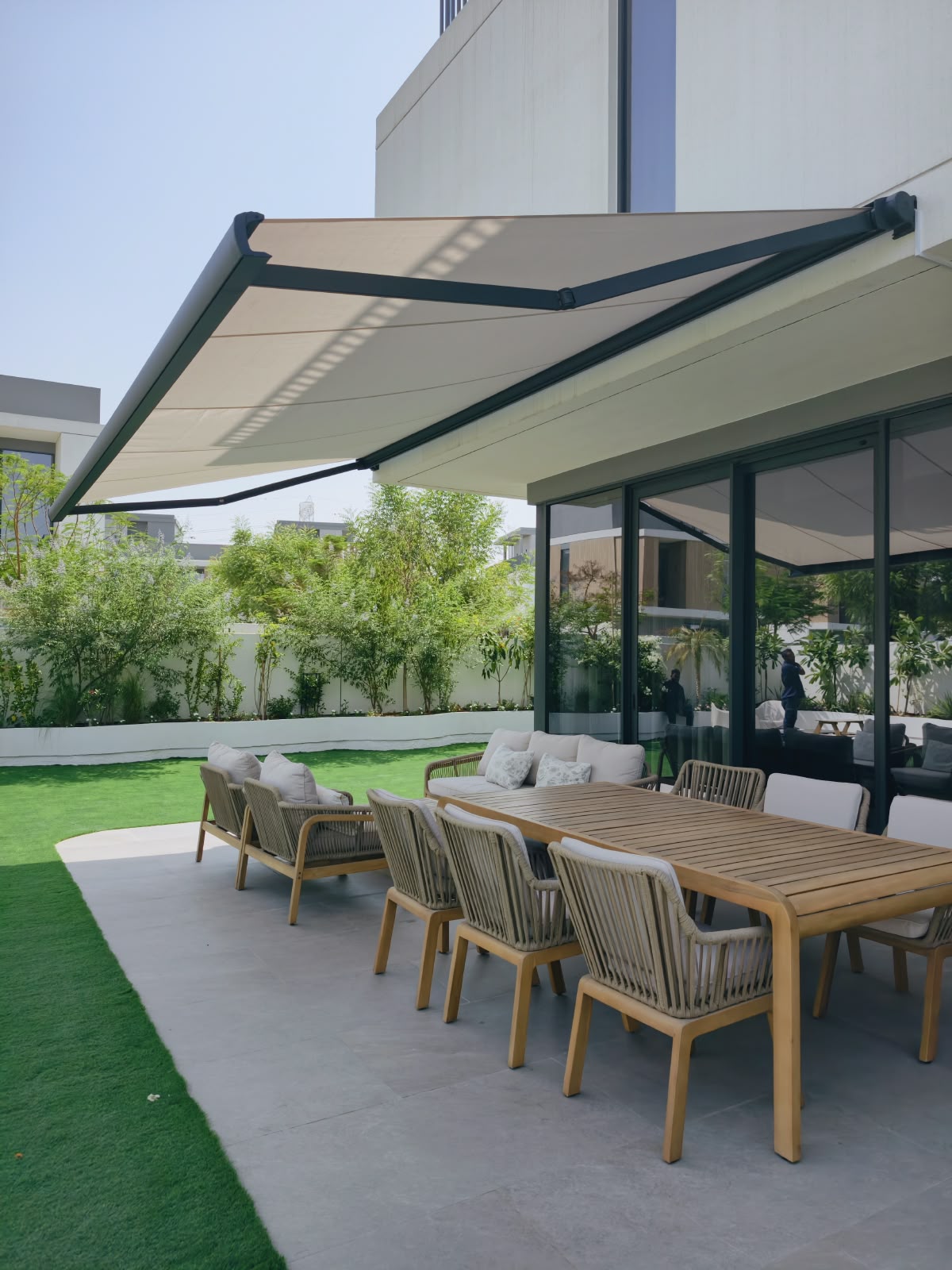 Somfy wind sensor fitted to retractable awning in Arabian Ranches, Dubai